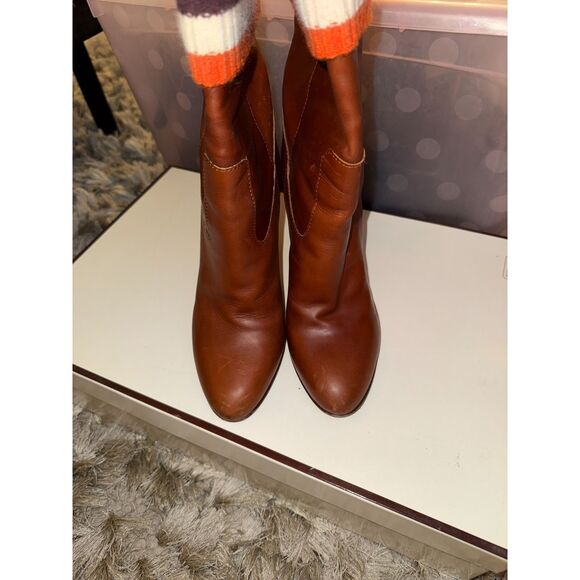 Coach Monika Whiskey Brown Leather Tall Boots with Signature Color Sweater Cuff - Picture 4 of 6